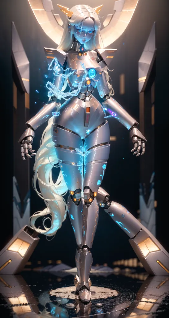 La imagen es una pintura digital de una robot femenina. Tiene el cabello blanco largo, ojos azules y un cuerpo plateado. Lleva un vestido blanco con un cinturón azul. Está de pie en un entorno futurista con un fondo azul. Hay luces azules en su cuerpo y en el fondo. También está rodeada por una especie de campo de energía. La imagen es muy detallada y realista.