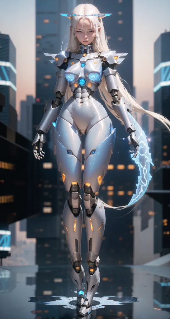 The image is of a female android standing on a rooftop in a futuristic city. She is wearing a silver and white bodysuit with blue highlights. She has long white hair and blue eyes. Her expression is serious and determined. The background is a cityscape with tall buildings and a blue sky.