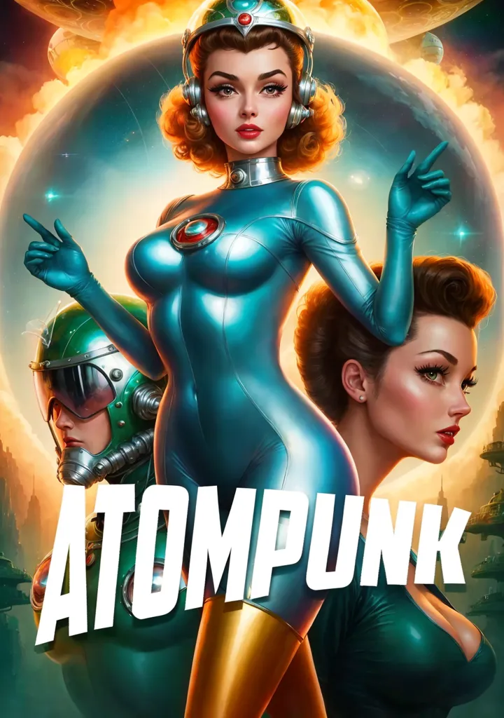 The image is a poster for a movie called "Atompunk". It features a woman in a blue jumpsuit with a red circle on her chest. She is wearing a helmet and has her hands outstretched. There is another woman in a green dress standing to the right of her with her hand on her hip. There is a man in a green jumpsuit and a helmet standing to the left of the woman in blue. He has his hands raised in the air. The background is a yellow and orange sky with a planet in the distance. The title "Atompunk" is written in white letters at the bottom of the poster.