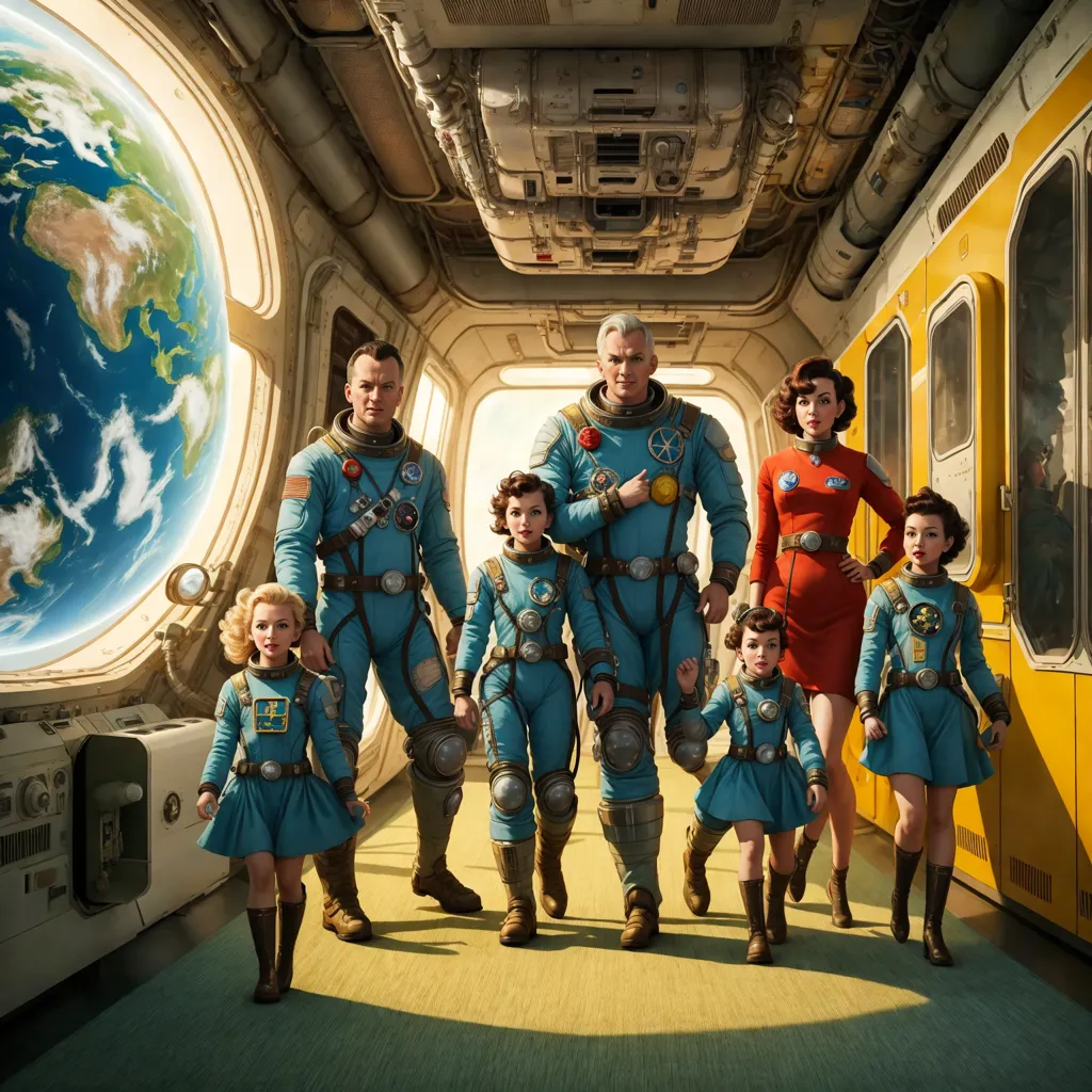 The image shows a family of seven in a spaceship. The family is wearing blue and red jumpsuits. The father is holding the hands of two young girls. The mother is holding hands with a young girl and there are two more girls standing on either side of the mother. The background of the image shows a planet, which is Earth, and a spaceship window.