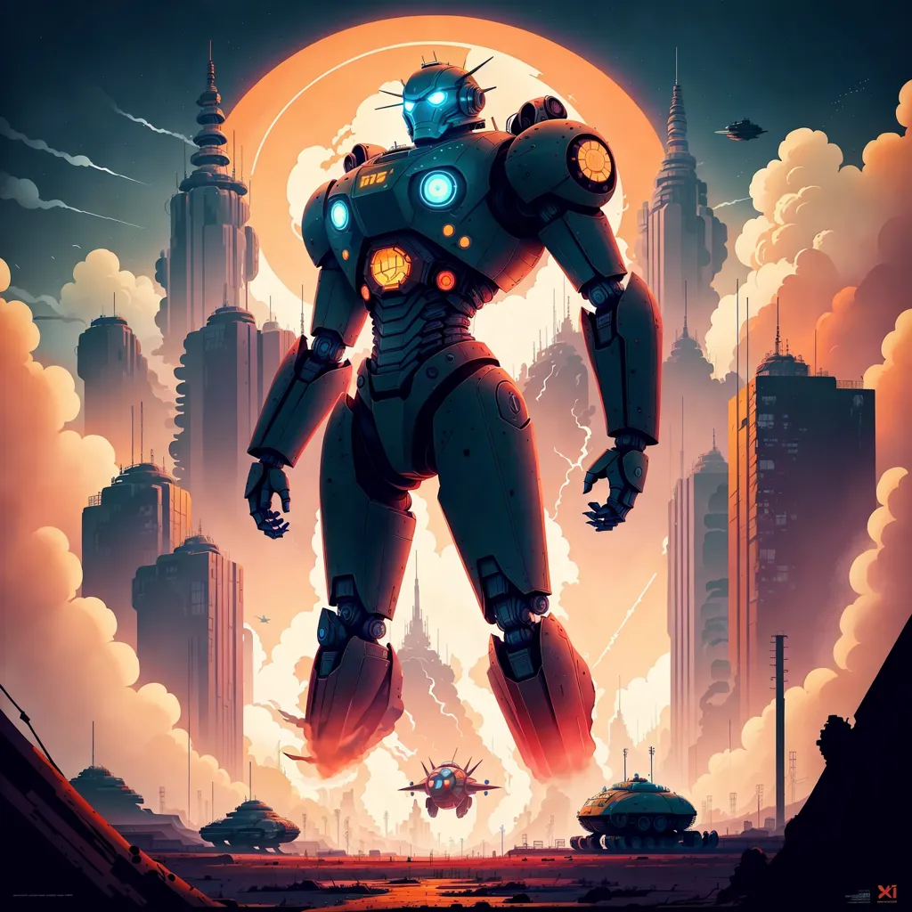 The image shows a giant robot standing in the middle of a city. The robot is made of metal and has a blue head. It is wearing a yellow and blue suit of armor. The robot is standing on a street and there are buildings on either side of it. There are also clouds in the sky and a large moon in the background. There are several tanks and a small spaceship near the robot.