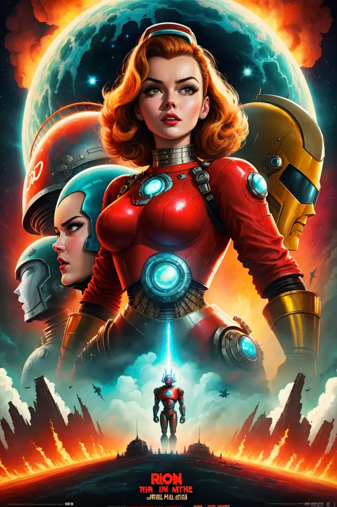 This is a poster for a science fiction movie. There are three characters on the poster. A woman in a red suit in the center, a woman in a grey suit on the left, and a robot on the right. The woman in the red suit has short red hair and blue eyes. She is wearing a red suit with a blue circle in the center. She is also wearing a silver belt and silver boots. She has a serious expression on her face. The woman in the grey suit has short brown hair and brown eyes. She is wearing a grey suit with a white circle on the chest. She is also wearing a silver belt and silver boots. She has a neutral expression on her face. The robot has a silver body and a blue head. It is wearing a black cape. It has a serious expression on its face. There is a large explosion in the background. There are also several buildings in the background. The poster is set in a futuristic city.