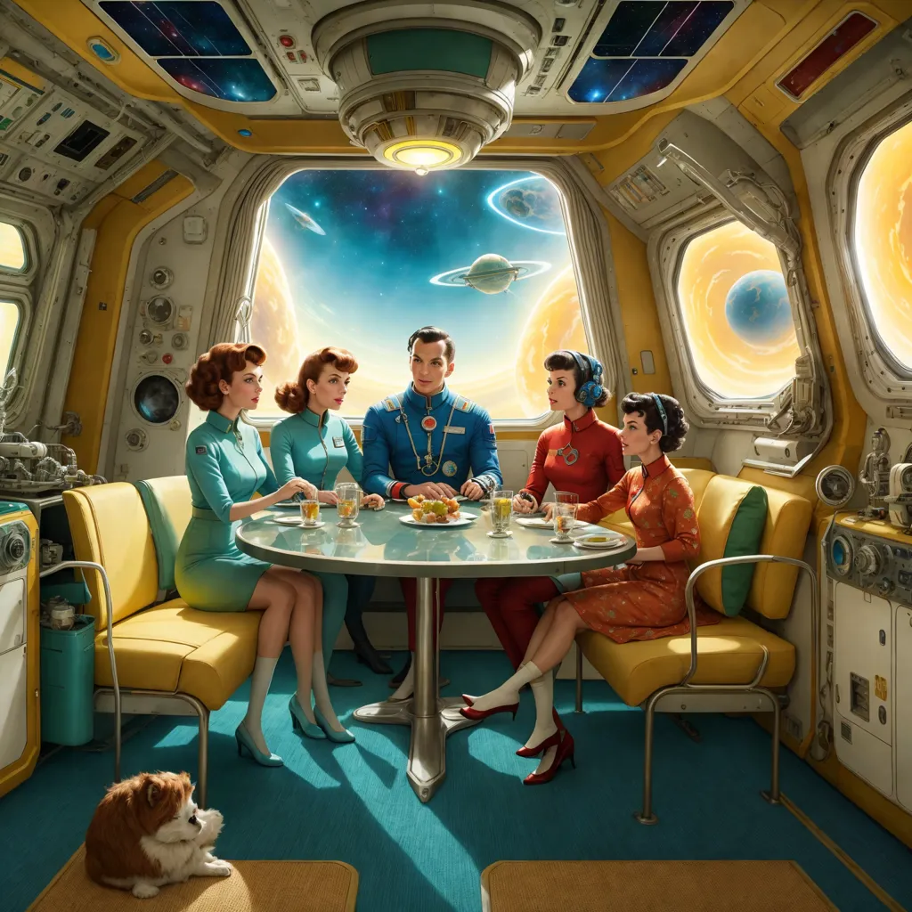 The image shows a group of people in a spaceship. There are five people, three women and two men. They are all sitting around a table, eating and talking. The spaceship is very futuristic, with a lot of technology. There are windows all around the spaceship, showing the stars and planets outside. There is also a dog sitting on the floor.