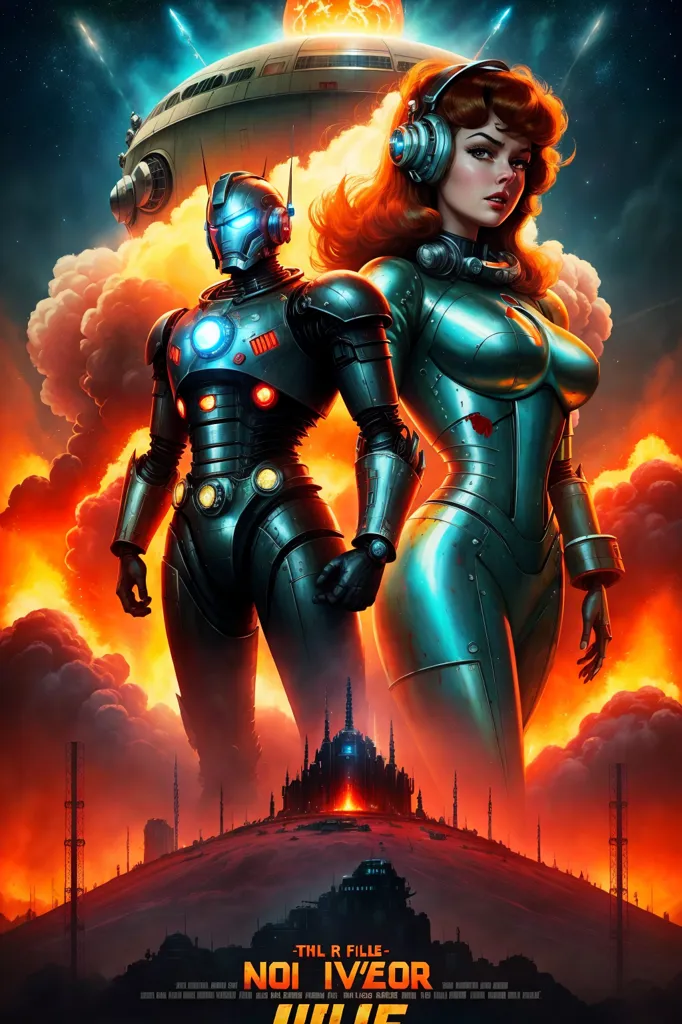 This is an image of a man and a woman standing in front of a burning city. The man is wearing a metal suit of armor and the woman is wearing a silver jumpsuit. There is a spaceship in the background.