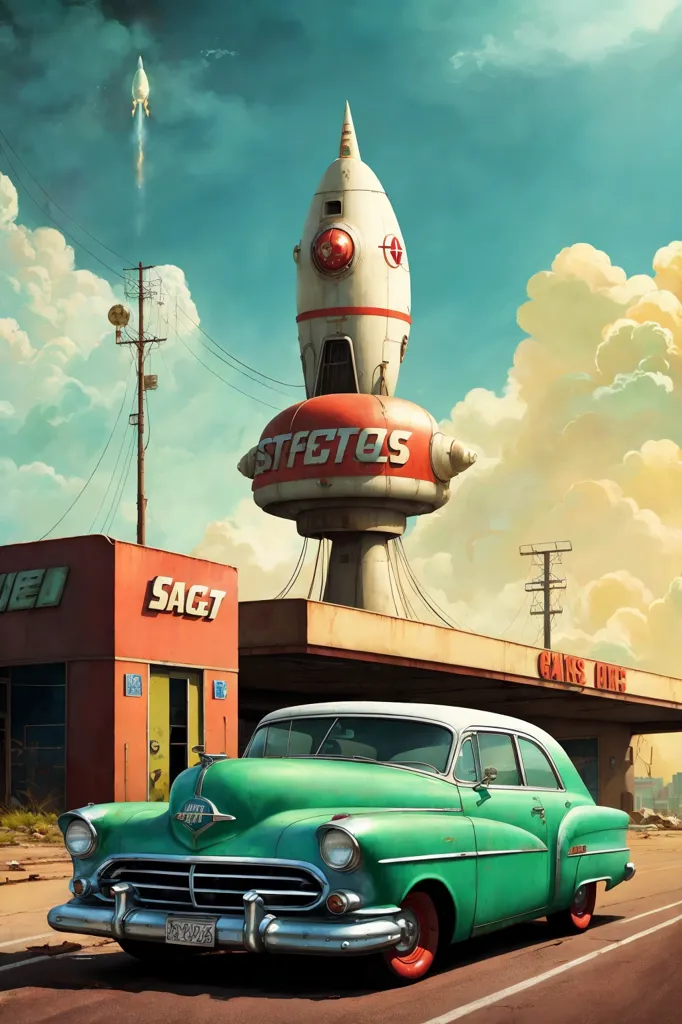 The image shows a retro-futuristic gas station. The gas station has a large rocket on top of it. There is a green car parked next to the gas station. The car is a 1950s model. The gas station is located in a desert landscape. There are clouds in the sky. The image is in a retro-futuristic style.