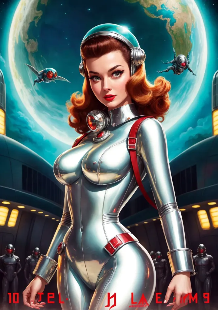 The picture shows a retro-futuristic pin-up style illustration of a young woman standing in front of a moon base. She is wearing a silver metallic jumpsuit with a large porthole-style window on her chest and a red belt. She also has on a silver helmet with large earphones. Her expression is one of determination and confidence. In the background, there is a moon base with several buildings and a large moon lander. There are also several small flying saucer-like vehicles flying around.