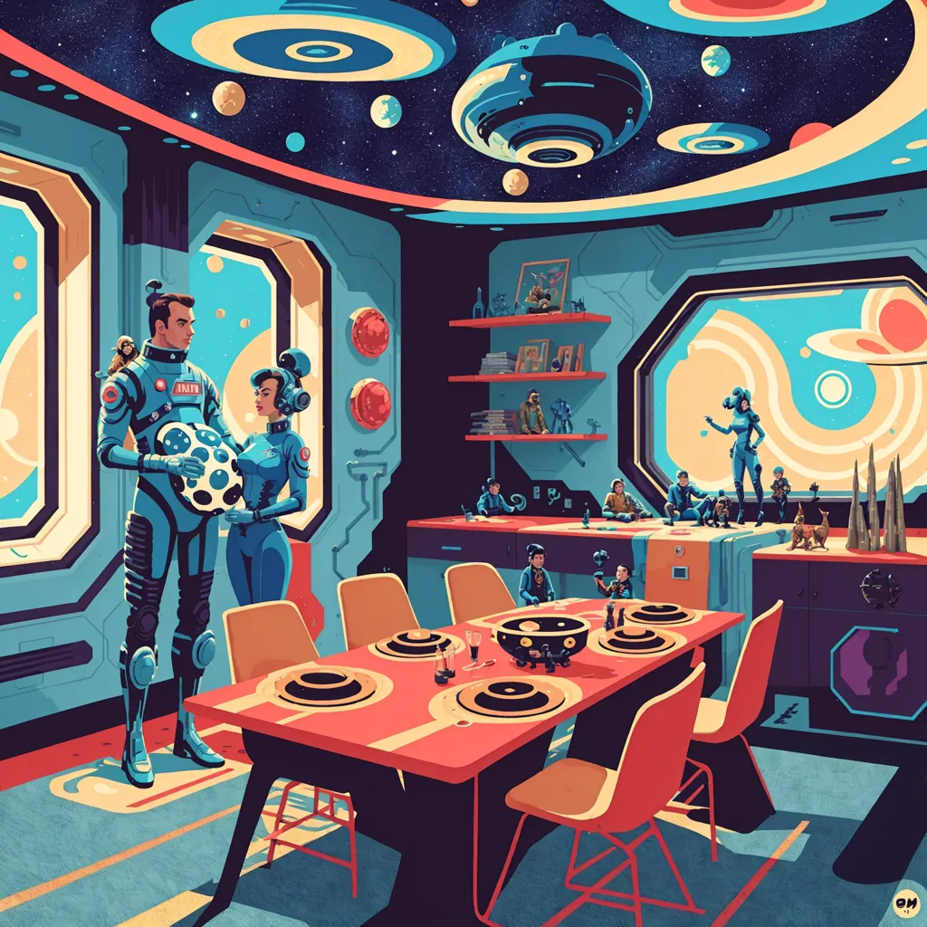 The image is a retro-futuristic depiction of a family in a space station. The family is gathered around a table, eating dinner. The father is carving a roast chicken, the mother is serving vegetables, and the children are all eagerly waiting for their food. The space station is decorated in a mid-century modern style, with lots of bright colors and shiny surfaces. The windows offer a view of the stars and planets outside.