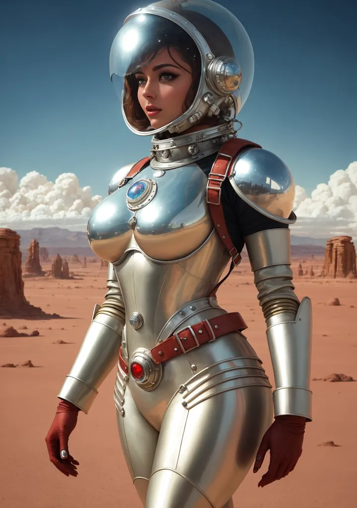 This is an image of a young woman in a silver spacesuit with a red belt and red gloves. She is standing on a desert planet with large red rocks in the background. There are clouds in the sky and the ground is covered in sand.