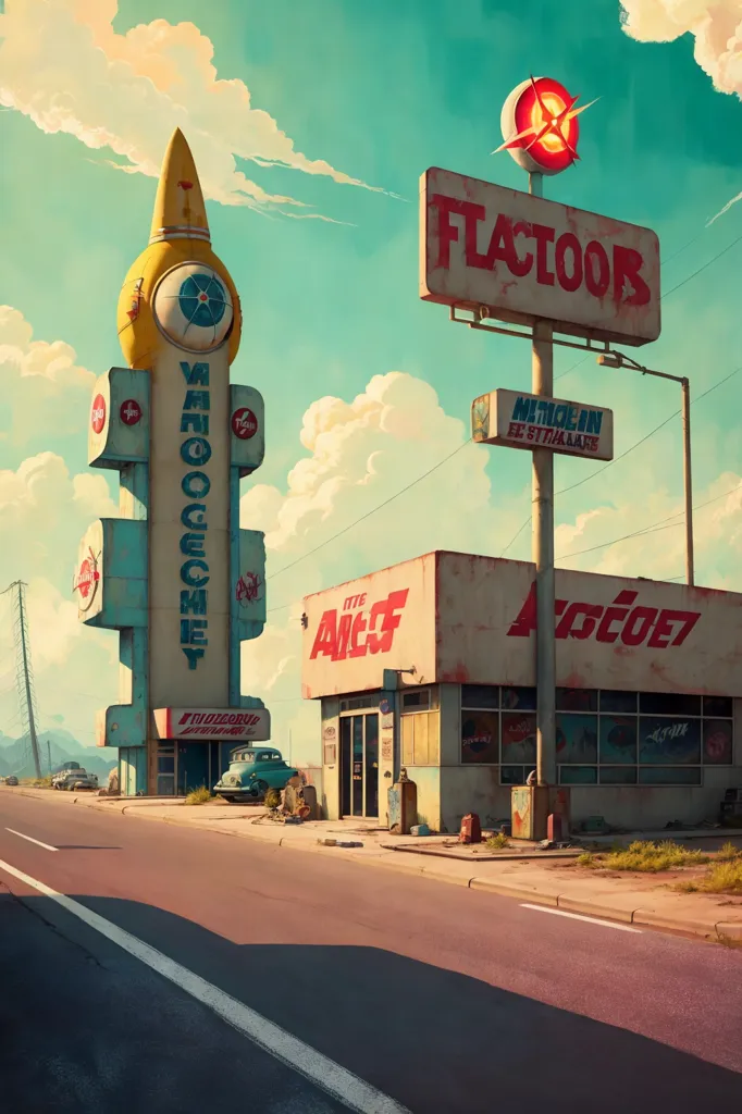 The image shows an old gas station with a large yellow sign that says \