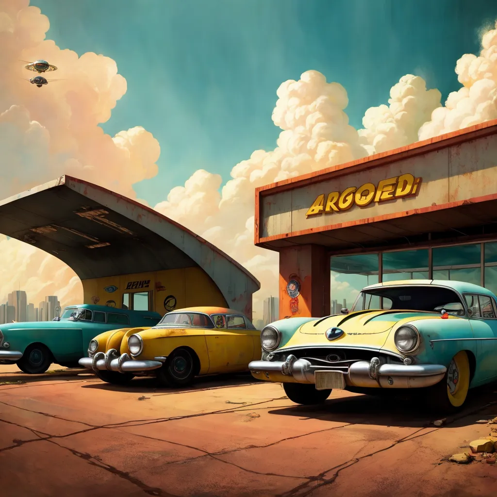 The image shows a retro futuristic gas station. The gas station is called "Argoil" and has a large sign with its name on it. There are three cars parked at the gas station. The cars are all old and rusty. There is a blue car, a yellow car, and a pink car. The gas station is located in a desert. There are no other buildings around. The sky is blue and there are some clouds in the sky. There are two flying saucers in the sky.