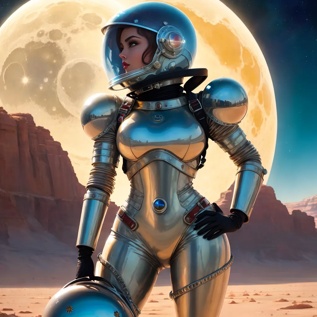 Esta é uma imagem de uma mulher em um traje espacial prateado com um visor azul. Ela está em pé em uma paisagem rochosa da lua ou semelhante a Marte, com uma grande lua ou planeta ao fundo. Ela segura seu capacete com a mão esquerda e tem a mão direita na cintura. Ela está olhando para a esquerda (nossa direita).