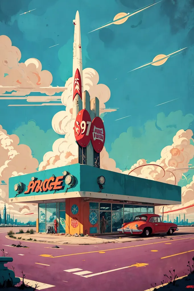 The image is in a retro-futuristic style and depicts a gas station with a large rocket in the background. The gas station is called "PARGE" and has a large sign with a rocket on it. There is a red car parked in front of the gas station. The sky is blue and there are some clouds in the background. There are also some trees and bushes in the background.