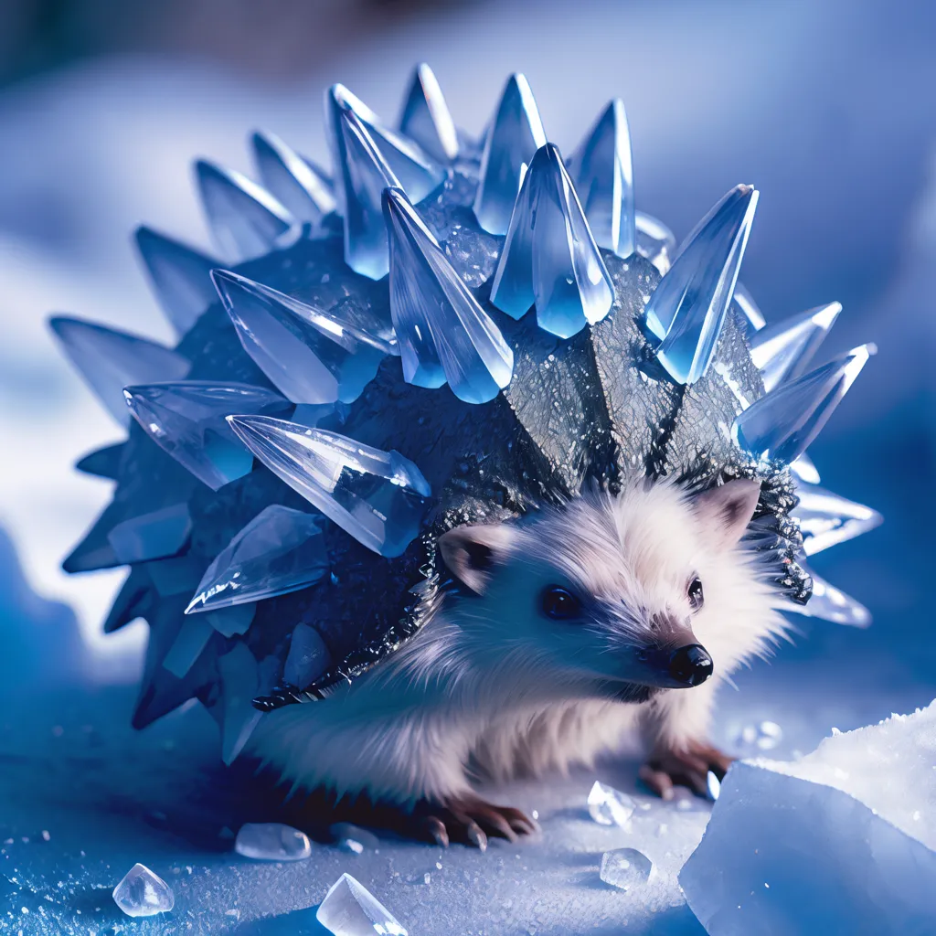 The image shows a hedgehog wearing a blue crystal exoskeleton. The exoskeleton has sharp spikes and covers the hedgehog's back and head. The hedgehog is standing on a piece of ice, and there are other pieces of ice scattered around it. The background is a cold, icy blue.