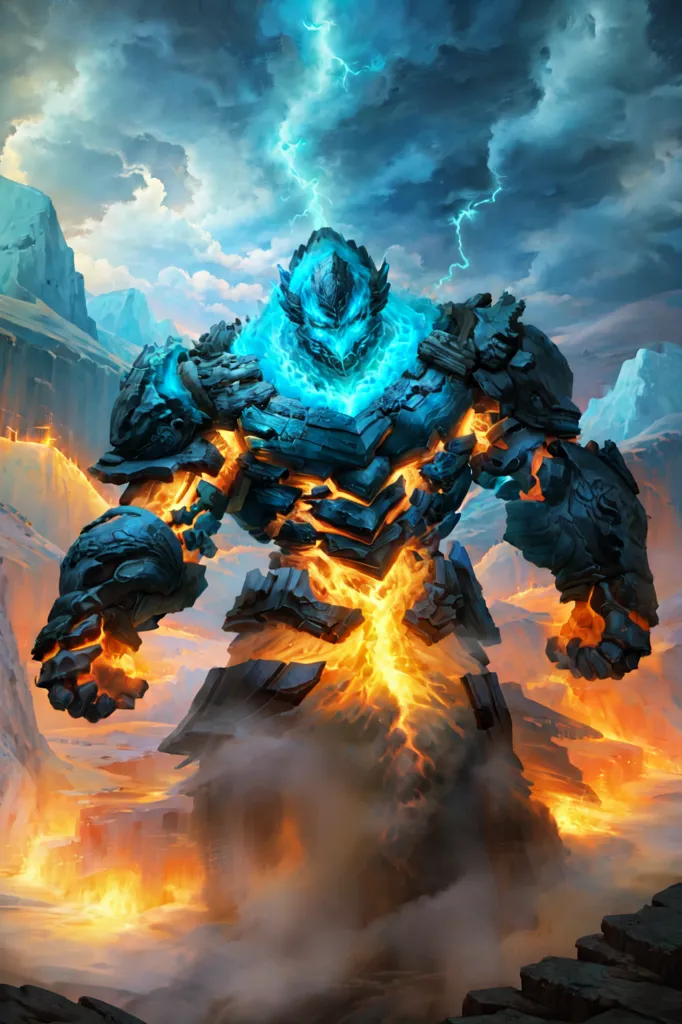 The image shows a large, powerful-looking creature made of stone and magma. It has a humanoid shape, with two arms, two legs, and a head, but its body is made up of rough, jagged rocks. The creature's head is dominated by a large, glowing blue crystal, which seems to be the source of its power. The creature is standing in a mountainous landscape, with a stormy sky overhead. There is lava flowing around its feet.