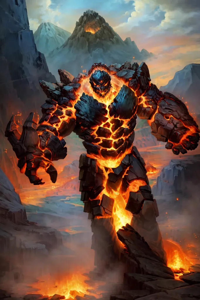 The image shows a large, muscular creature made of rock and magma. It has a humanoid shape, with two arms, two legs, and a head. The creature's body is covered in cracks and fissures, and magma can be seen glowing from within. The creature is standing in a mountainous landscape, with a volcano in the background. The sky is dark and cloudy, and the ground is covered in lava.