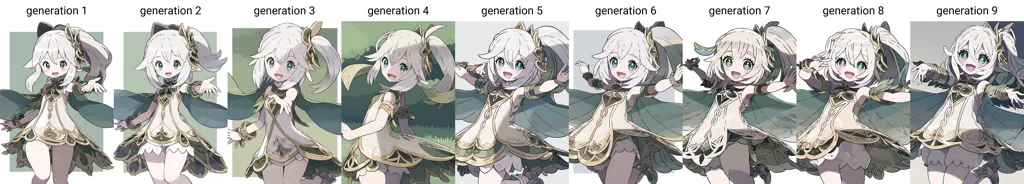 The image shows a character named Paimon from the video game Genshin Impact. She is shown in different generations, with her appearance changing slightly in each generation. In the first generation, she has short hair and a green outfit. In the second generation, her hair is longer and she is wearing a white and green outfit. In the third generation, her hair is even longer and she is wearing a green and white outfit. In the fourth generation, she is wearing a white and green outfit with a long green cape. In the fifth generation, she is wearing a white and green kimono. In the sixth generation, she is wearing a white and green dress with a long green cape. In the seventh generation, she is wearing a white and green outfit with a long green cape. In the eighth generation, she is wearing a white and green outfit with a long green cape. In the ninth generation, she is wearing a white and green outfit with a long green cape.