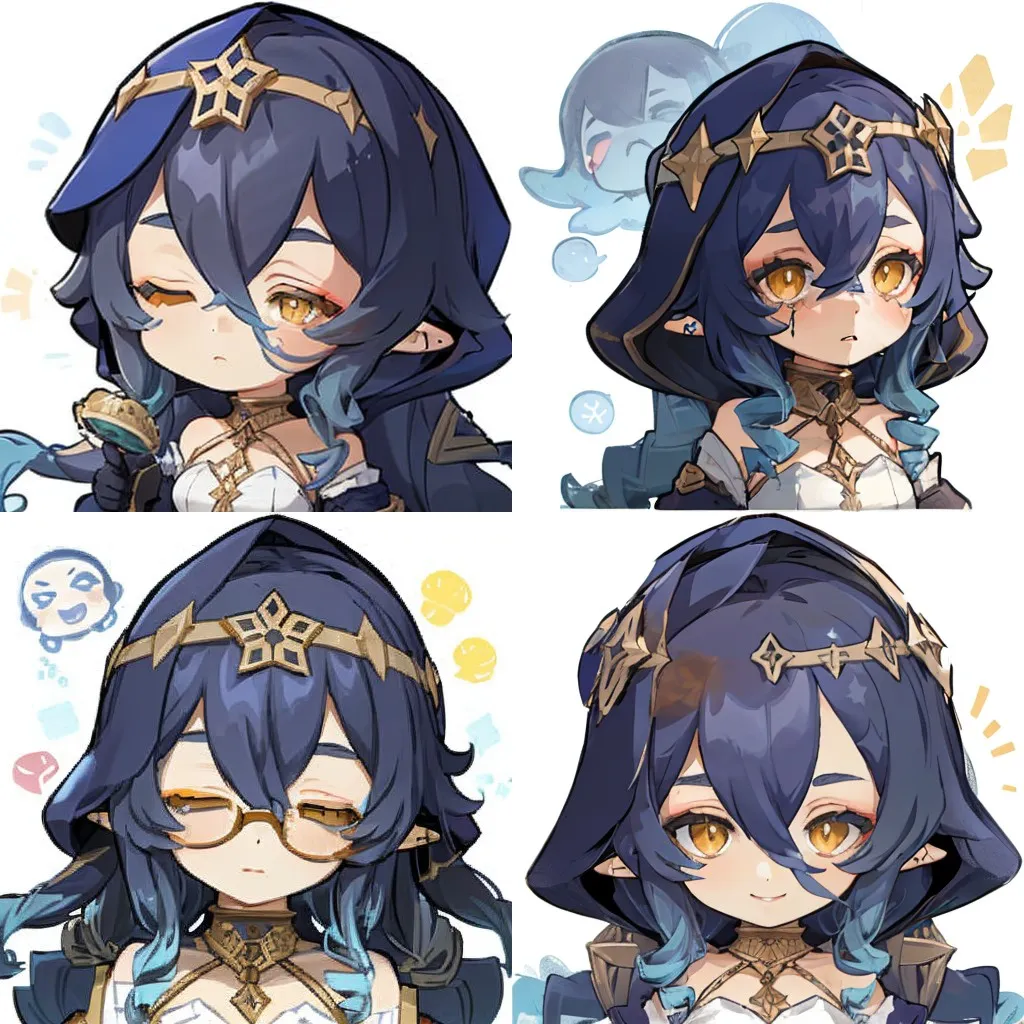 La imagen muestra cuatro expresiones diferentes de un personaje chibi con cabello azul oscuro y ojos dorados. El personaje lleva un vestido blanco con una capa azul y un tocado dorado. En la primera expresión, el personaje está sonriendo con los ojos cerrados. En la segunda expresión, el personaje mira al espectador con una expresión neutra. En la tercera expresión, el personaje lleva gafas y tiene una expresión de sorpresa en su rostro. En la cuarta expresión, el personaje mira hacia otro lado con una expresión triste en su rostro.