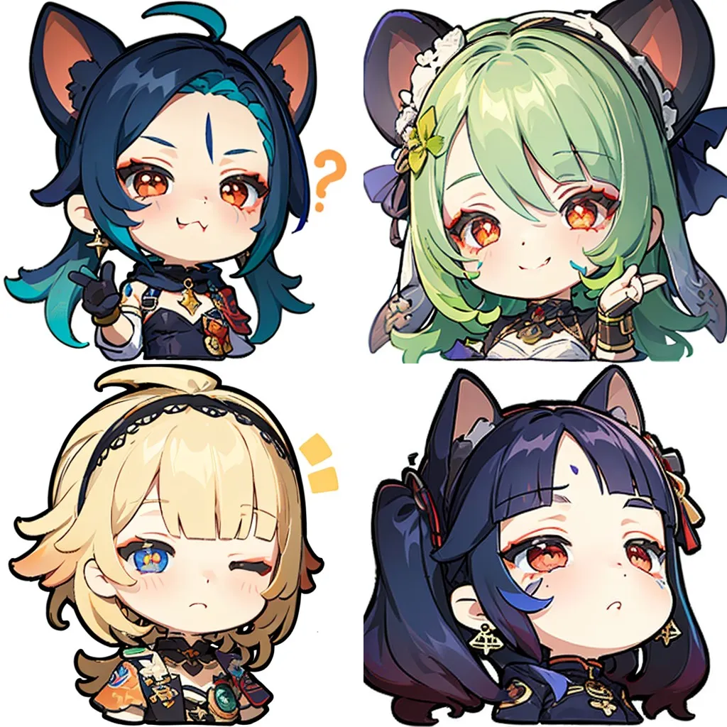 Cette image montre quatre personnages différents du jeu Genshin Impact. Ils sont tous dessinés dans un style chibi, et chacun a une expression différente sur le visage. Le personnage dans le coin supérieur gauche a les cheveux bleus et des oreilles de chat, et il fait une expression interrogative. Le personnage dans le coin supérieur droit a les cheveux verts et des oreilles de chat, et il fait une expression pointant. Le personnage dans le coin inférieur gauche a les cheveux blonds et les yeux bleus, et il fait une expression suffisante. Le personnage dans le coin inférieur droit a les cheveux violet foncé et des oreilles de chat, et il fait une expression triste.