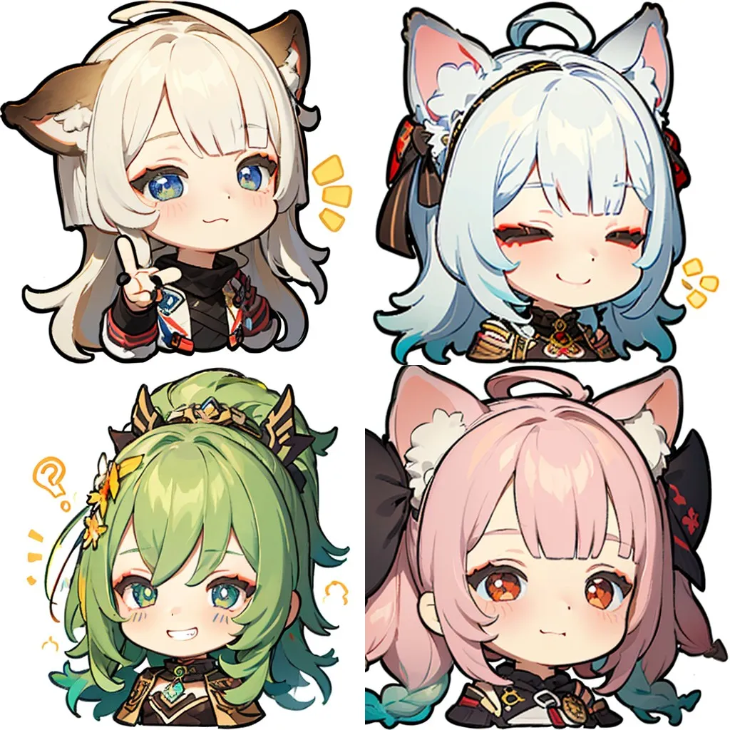 The image contains four chibi characters from the game "Genshin Impact". They are all girls with cat ears and different colored hair. The girl in the top left corner has white hair and blue eyes, and she is making a peace sign. The girl in the top right corner has white hair and green eyes, and she is smiling with her eyes closed. The girl in the bottom left corner has green hair and green eyes, and she is tilting her head and looking confused. The girl in the bottom right corner has pink hair and orange eyes, and she is smiling.