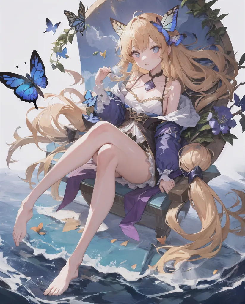 The image is a painting of a beautiful woman with long blonde hair and blue eyes. She is wearing a white dress with a blue sash and a purple cape. She is sitting on a rock in the middle of the ocean, with her feet in the water. There are butterflies flying around her and flowers blooming on the rock. The background is a blue sky with white clouds. The painting is done in a realistic style and the colors are vibrant and lifelike.