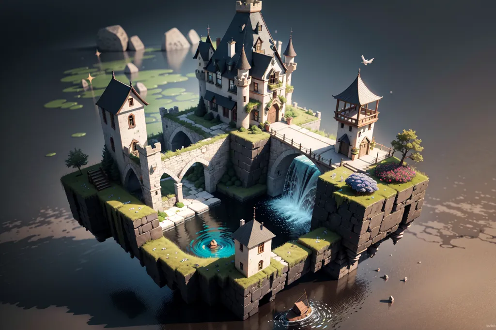 The image is a digital rendering of a fantasy castle. The castle is made up of several buildings, including a central tower, two smaller towers, and a gatehouse. The buildings are made of stone and have a medieval European style. The castle is surrounded by a moat and is accessible by a bridge. The moat is surrounded by a forest. The image is rendered in a realistic style and the lighting is used to create a sense of atmosphere.