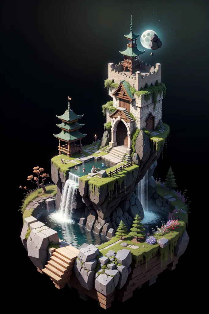 The image is a 3D rendering of a castle on a rocky cliff. The castle is made of gray stone with green accents and has a pagoda-style roof. There is a waterfall on the left side of the castle, and a small pool of water at the bottom of the waterfall. There are some trees and flowers on the cliff, and a small dock extending out from the cliff. The background is a dark blue sky with a full moon.