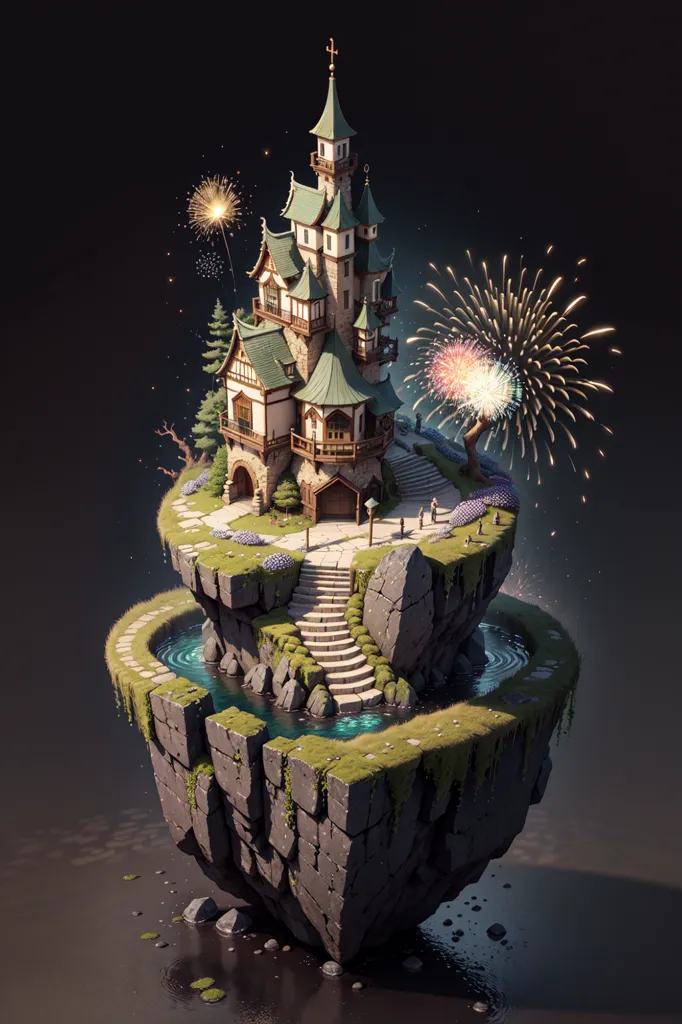 The image shows a fantasy house on a floating rock. The house is made of wood and has a green roof. There are fireworks in the sky above the house and a body of water below the rock. There are some stairs leading up to the house and a small dock below the rock.