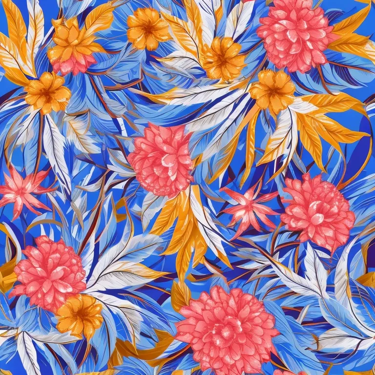 A imagem mostra um padrão de flores e folhas tropicais. As flores são rosa, laranja e amarelas, e as folhas são azuis e brancas. O padrão é definido contra um fundo azul.