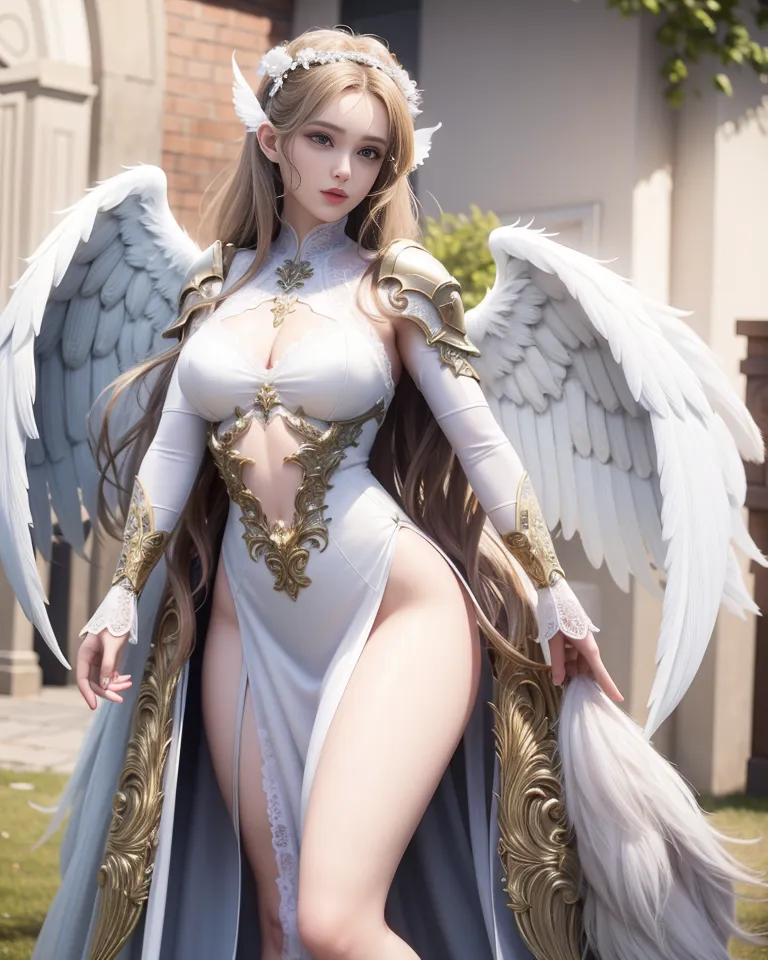 The image shows a beautiful woman with long blonde hair and blue eyes. She is wearing a white dress with a thigh-high slit and gold accents. She also has a pair of white wings and a halo. She is standing in a courtyard, with a building in the background.