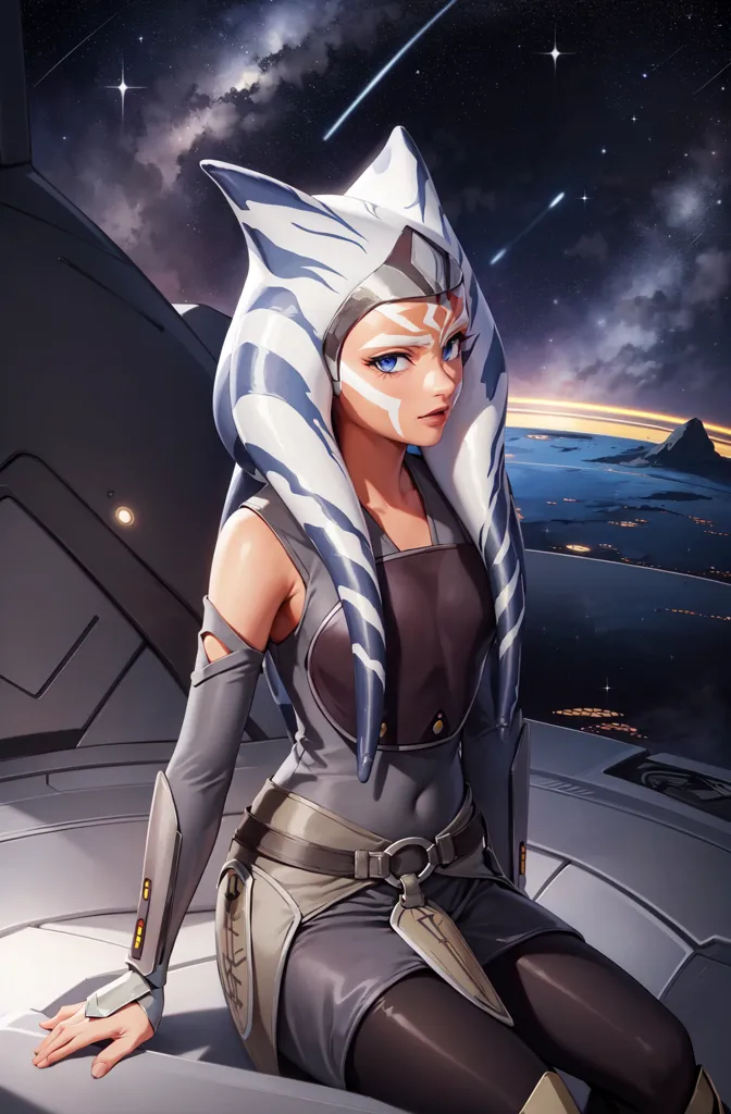 This is an image of Ahsoka Tano, a character from the Star Wars franchise. She is a Togruta, a species with montrals (head tails) and montrals (facial markings). She is wearing her montrals in a way that suggests she is in a state of meditation or focus. She is wearing a grey and brown outfit with a belt and a kama (a skirt-like garment). She is sitting on a railing or ledge with a cityscape in the background. The city is on a planet that appears to be Coruscant, the capital of the Galactic Republic. The sky is dark, and there are stars and shooting stars in the sky.