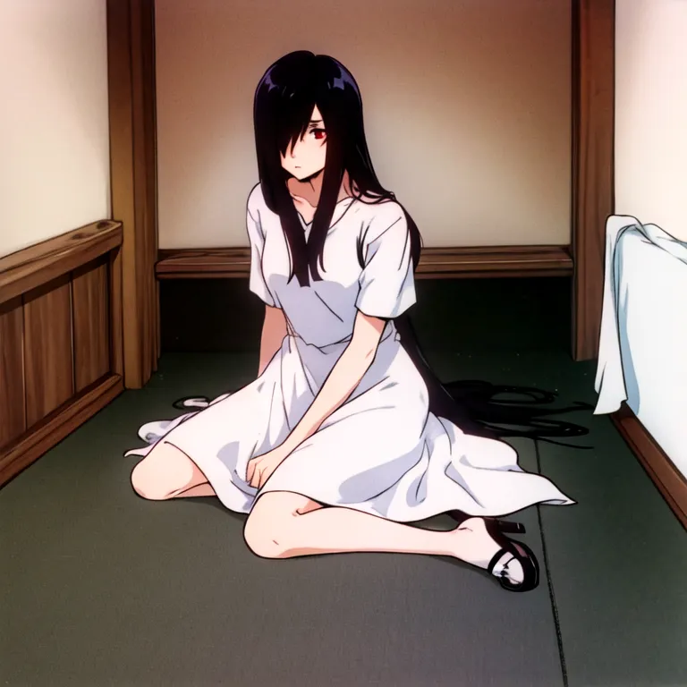 The image shows a girl with long black hair and red eyes. She is wearing a white dress and is sitting on the floor in a room with wooden walls. The girl's expression is sad and she seems to be lost in thought.