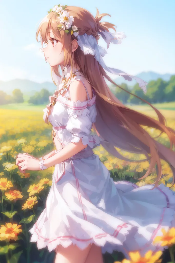 The image shows a girl with long brown hair and brown eyes. She is wearing a white dress with a pink sash. There are white and yellow flowers in her hair. She is standing in a field of yellow flowers and there are green hills and a blue sky in the background.