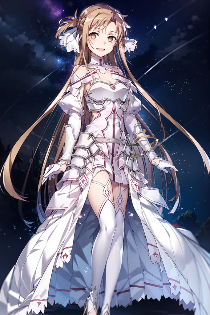 The image shows a young woman with long blond hair and amber eyes. She is wearing a white dress with a red and white striped skirt and a white cape. She is also wearing a pair of white boots and a pair of white gloves. She is standing in a forest, and there is a starry night sky behind her. She is smiling and has her arms outstretched to her sides.