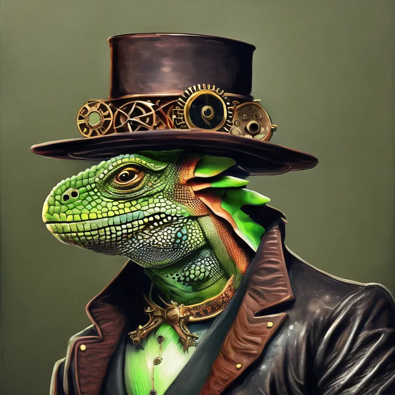 La imagen es un retrato de una iguana verde que lleva un sombrero y ropa de estilo steampunk. La iguana lleva un sombrero de copa negro con engranajes de cobre y remaches. También lleva una chaqueta de cuero marrón con una corbata blanca. La iguana tiene una expresión seria en su rostro. El fondo es de color verde oscuro.