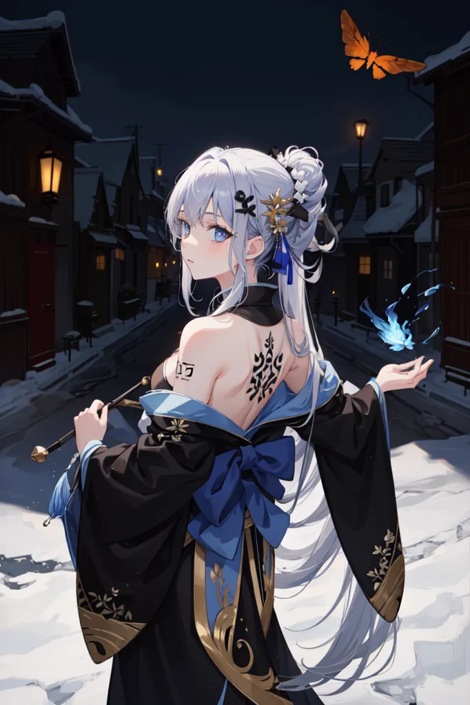 The image is of a young woman standing in a snowy street. She is wearing a black and blue kimono with a large blue bow on the back. Her long white hair is tied up in a bun and she has a butterfly hairpin in her hair. She is holding a pipe in her right hand and there is a small blue flame floating in her left hand. The background is a street with traditional Japanese houses and lanterns.