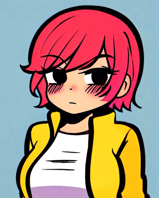 Esta é uma imagem de uma jovem mulher com cabelo rosa e olhos pretos. Ela está usando um casaco amarelo e uma camisa branca. Sua expressão é séria. O fundo é azul. A imagem é desenhada em um estilo de desenho animado.