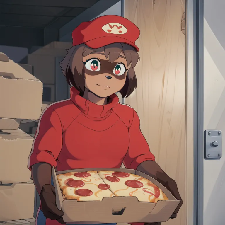 This is an image of a cartoon raccoon pizza delivery girl. She is wearing a red hat with a white W on it, a red long-sleeved shirt, and black gloves. She is holding a pizza box with two slices of pizza in it. She has brown hair and green eyes. She is standing in front of a door.