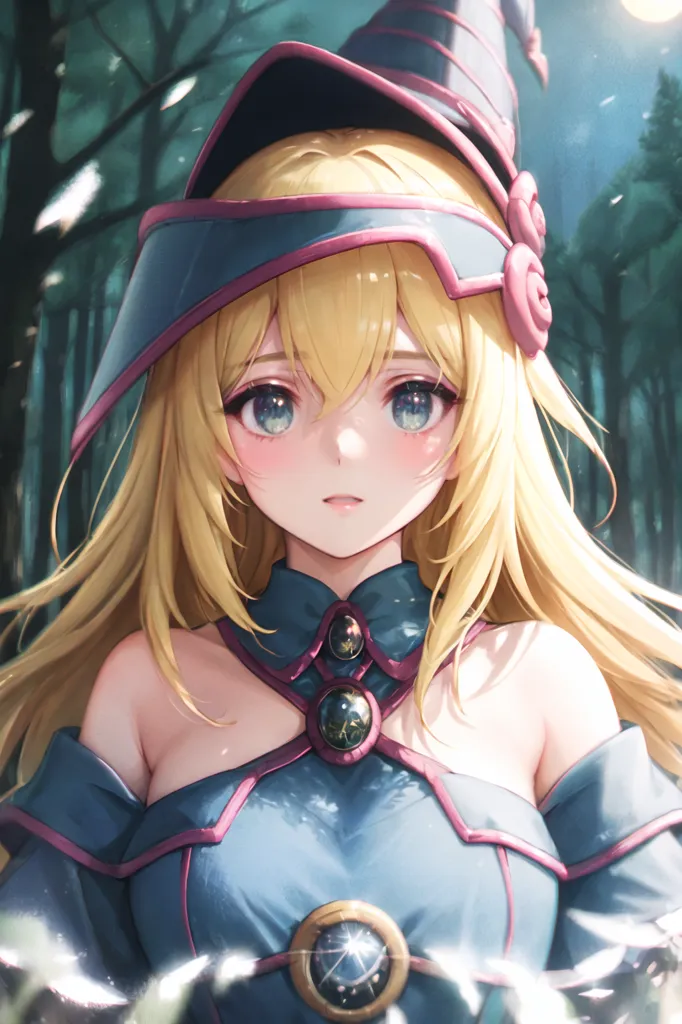 The image is a digital painting of a young woman with long blonde hair and blue eyes. She is wearing a blue and purple hat and a blue dress with a white collar. She is standing in a forest, and there are trees behind her. The painting is in a realistic style, and the artist has used a variety of techniques to create a sense of depth and realism. The image is also very colorful, and the artist has used a variety of colors to create a sense of vibrancy and life.