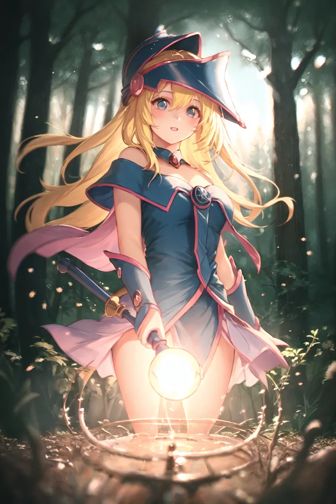 The image is a painting of a young woman in a blue and purple outfit standing in a forest. She has long blonde hair and blue eyes, and she is wearing a hat with a brim. She is also wearing a necklace and a bracelet, and she is carrying a staff in her right hand. The staff is topped with a glowing orb. The woman is standing in a clearing in the forest, and there are trees all around her. The trees are tall and green, and they are covered in leaves. The sun is shining through the trees, and it is creating a dappled pattern on the ground. The woman is standing in a pool of water, and her feet are bare. She is looking at the viewer with a smile on her face.