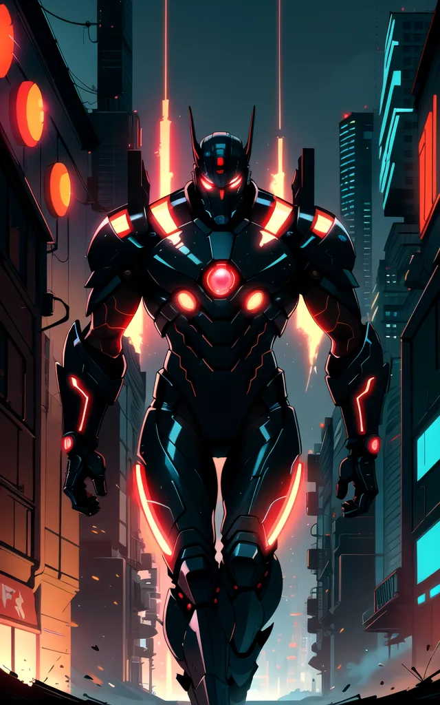 The image is of a tall, muscular man wearing a black and red armored suit. The suit has a red glowing visor and red glowing lines running along its edges. The man is standing in a city street, with tall buildings on either side of him. The street is lit by red lights, and there are sparks flying through the air. The man is looking straight at the viewer with an intense expression.