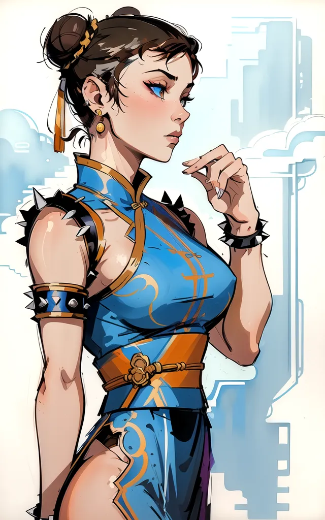 The image shows a young woman with brown hair and blue eyes. She is wearing a blue cheongsam-style dress with a yellow belt and black boots. The dress has white and gold trim and is sleeveless, showing off her toned arms. She has a confident expression on her face and is looking to the left of the frame. She is standing in a futuristic city with tall buildings and a blue sky.