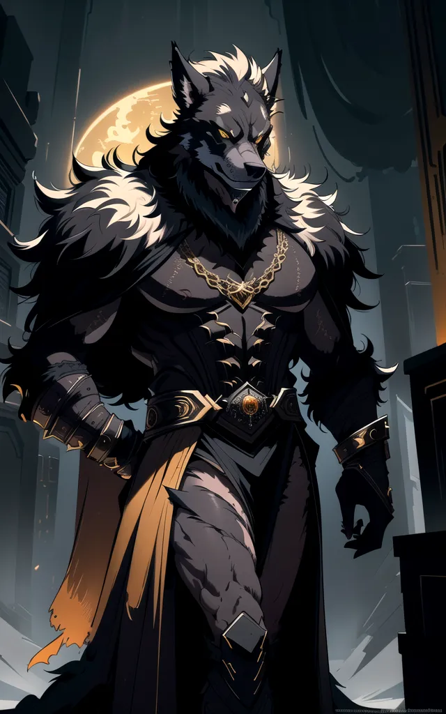 The image is of a muscular werewolf with long black fur and white tips on his fur. He is wearing a golden necklace and a tattered orange cloth around his waist. He is standing in a dark room with a large moon in the background. The werewolf has a determined expression on his face and looks like he is ready to fight.