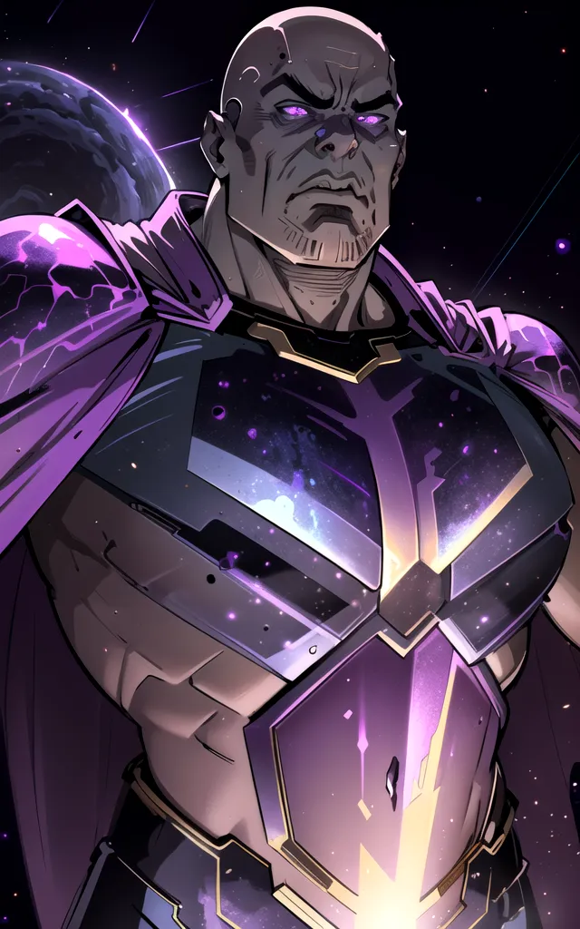 The image is of a bald black man with a muscular build. He is wearing a purple and gold chest plate with a purple cape. He has a serious expression on his face and is looking at the viewer. There are stars and a planet in the background.