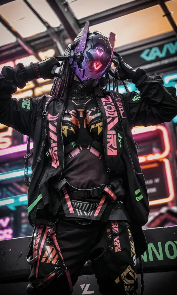 The image shows a person wearing a black and pink cyberpunk-style outfit. The outfit includes a black jacket with pink and green stripes, a black and pink bodysuit, and a black helmet with a pink visor. The person is also wearing a pair of black gloves and a pair of black boots. They are standing in a dark, neon-lit room.