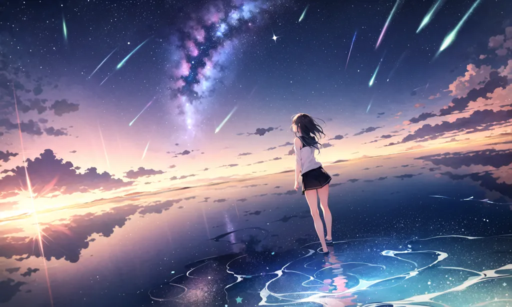 この画像は、水面に立っている女の子が夜空を見つめているものです。空には星や流れ星が満ちています。女の子は白いシャツと黒いスカートを着ており、長い茶色の髪をしています。裸足で水の上に立ち、足元の水面が波立っています。水面は星空の光と女の子の懐中電灯の光を反射しています。この画像は穏やかで静かな雰囲気を捉えており、夜空の美しさを表現しています。