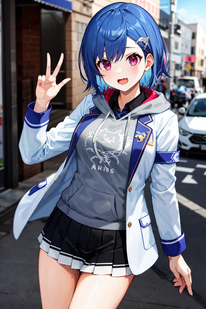 The image shows an anime-style girl with blue hair and pink eyes. She is wearing a white blazer, gray hoodie, and black skirt. She is also wearing a cat-eared hoodie. She is standing on a city street and has her right hand raised in a peace sign.