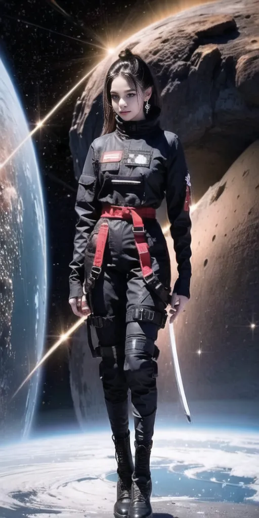 This is an image of a woman in a black jumpsuit with a red belt. She is standing in front of a blue and white planet. There are stars and a moon in the background. The woman has long black hair and brown eyes. She is wearing a sword on her left hip. She looks like a warrior or a space traveler.