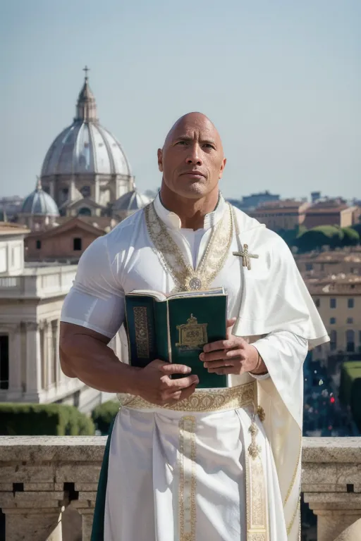 Dwayne "The Rock" Johnson est représenté ici devant le Vatican. Il porte une soutane blanche et une écharpe verte. Il a un livre à la main.