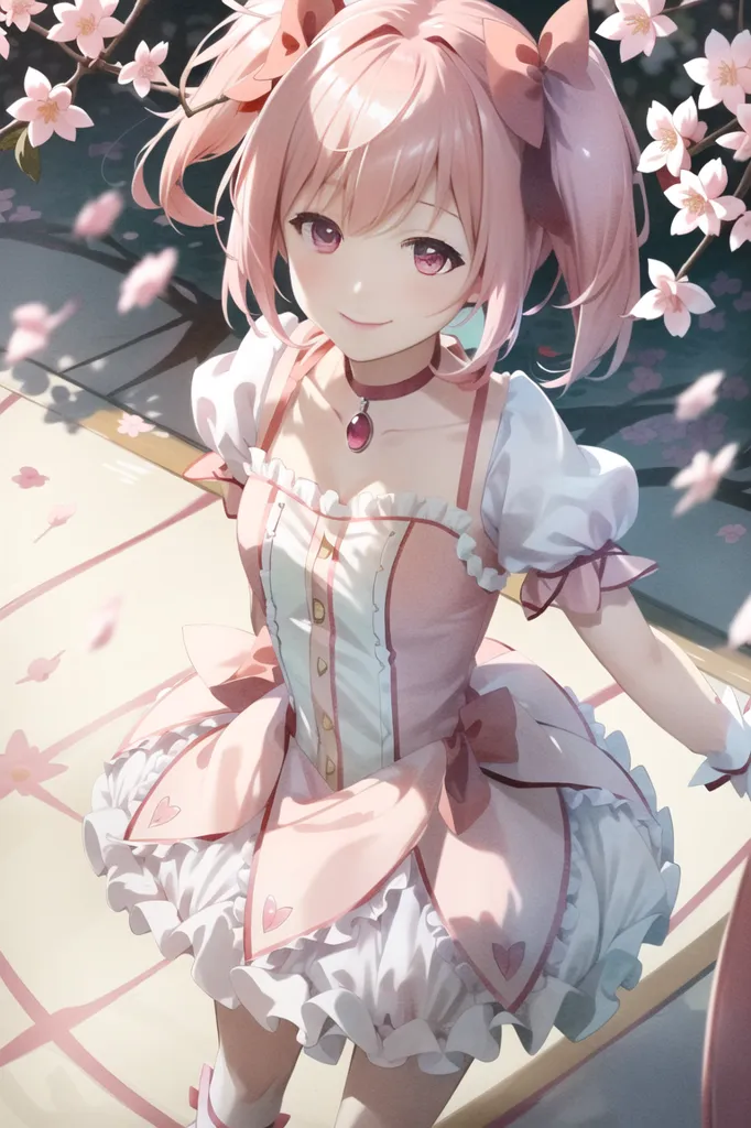 The image is of a young girl with pink hair and pink eyes. She is wearing a white and pink dress with a pink bow in her hair. She is standing in a field of pink flowers and there are also some pink flowers in her hair. The background is a blur of light pink. The girl is smiling and looks happy.