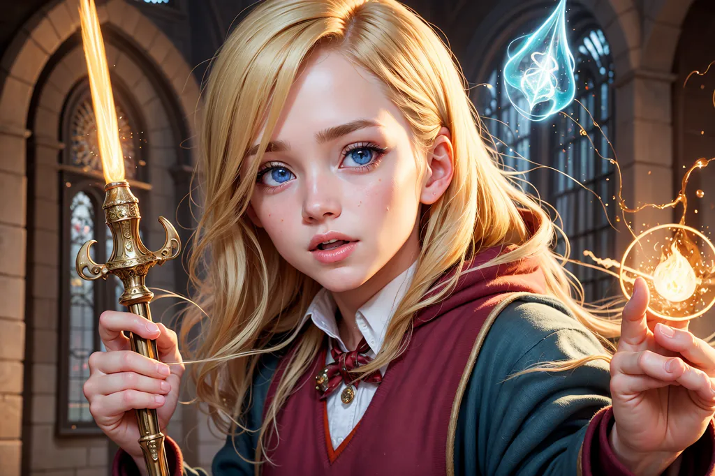 The image is of a young girl with long blonde hair and blue eyes. She is wearing a white shirt, a red tie, and a blue robe. She is holding a wand in her right hand and is pointing it at a small ball of fire in her left hand. The background is a blurred image of a castle.